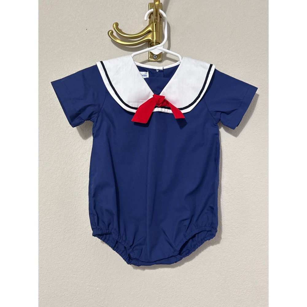 Petit Pomme Sailor Romper Baby 18M Navy Blue White Collar Red Bow Nautical 286P